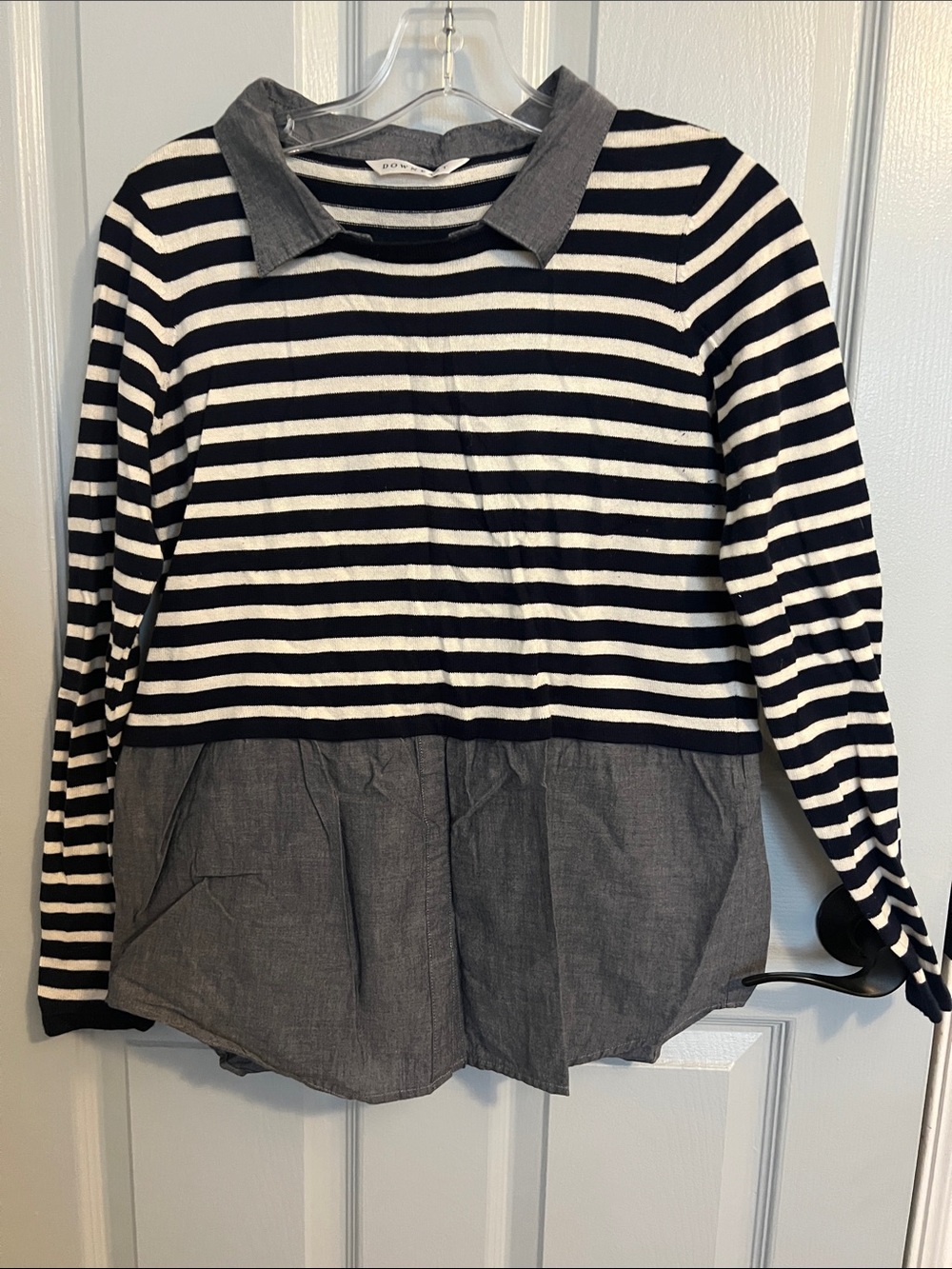 DownEast Black & White Striped Layered-Look Long Sleeve Top with Gray Hem